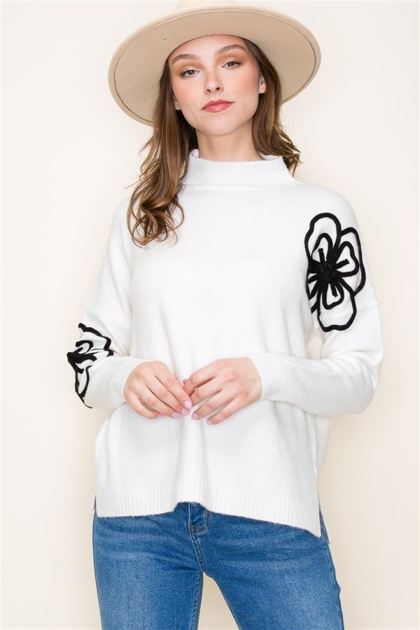 Mock Neck Floral Embroidered Sweater