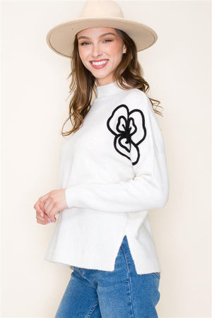 Mock Neck Floral Embroidered Sweater