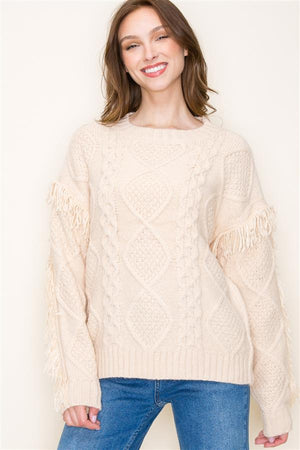 Cable Knit Sweater with Tassel Detail - Ivory