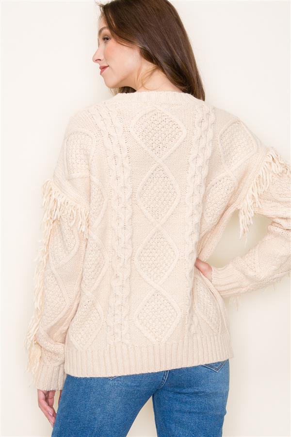 Cable Knit Sweater with Tassel Detail - Ivory