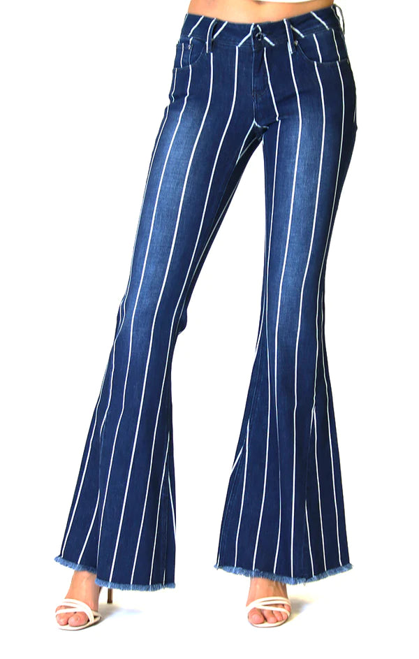Stripe Mid Rise Flare Jeans