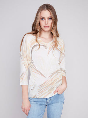 3/4 Sleeve, V-Neck Dolman Printed Sweater