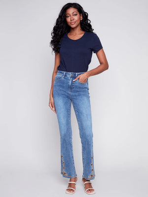 Embroided Split Bell Bottom Denim Pant