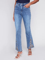 Embroided Split Bell Bottom Denim Pant