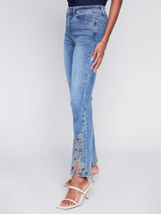 Embroided Split Bell Bottom Denim Pant