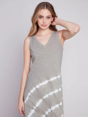 Tie Dye Sleeveless V Neck Dress With Shirtail