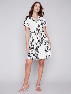 Printed Short Sleeve Button Front Dress With Sash