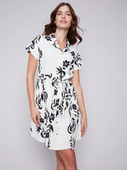 Printed Short Sleeve Button Front Dress With Sash