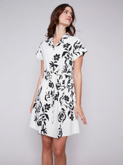 Printed Short Sleeve Button Front Dress With Sash