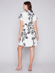 Printed Short Sleeve Button Front Dress With Sash