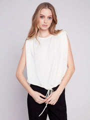 Crewneck Top with Rushed Shoulder & Drawcord at Waist