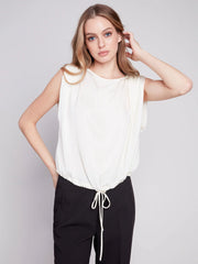 Crewneck Top with Rushed Shoulder & Drawcord at Waist